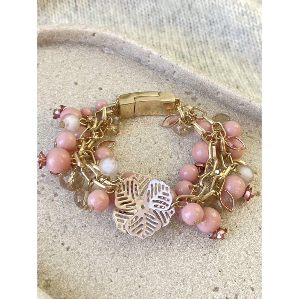 Gold Tone Pink Beaded Charm Bracelet Faux Pearl Crystal Leaf Romantic Fairy